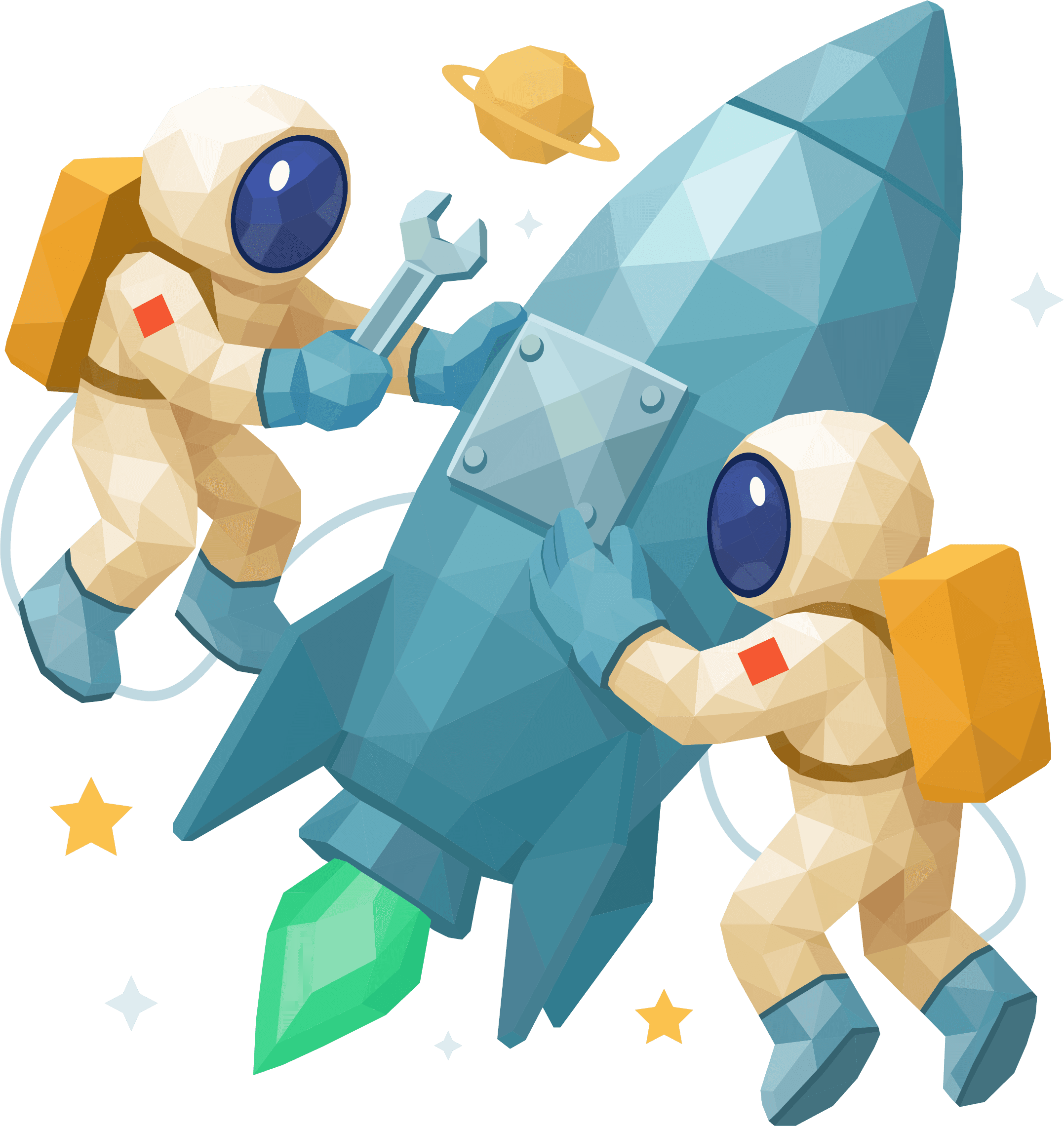 Two astronauts fixing a small rocket